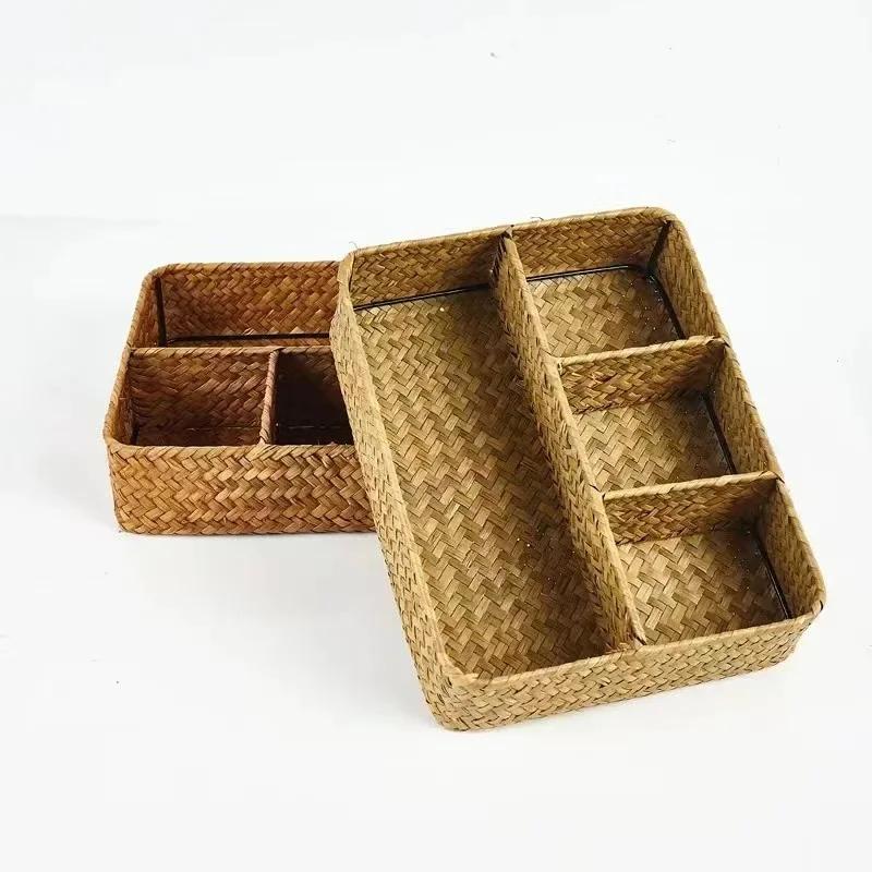 Hairpins Jewelry Accessories 4 Grids Storage Basket Handmade Woven Willow Storage Basket For Clothes Cosmetic Stationery