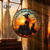 Unique Birthday Gift for Her Halloween Moon Black Cat Suncatcher Jigsaw Puzzle, 2D Acrylic Mystical Feline Window Hanging Educational Handmade Art Kit