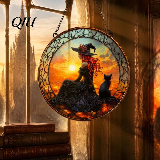 Unique Birthday Gift for Her Halloween Moon Black Cat Suncatcher Jigsaw Puzzle, 2D Acrylic Mystical Feline Window Hanging Educational Handmade Art Kit
