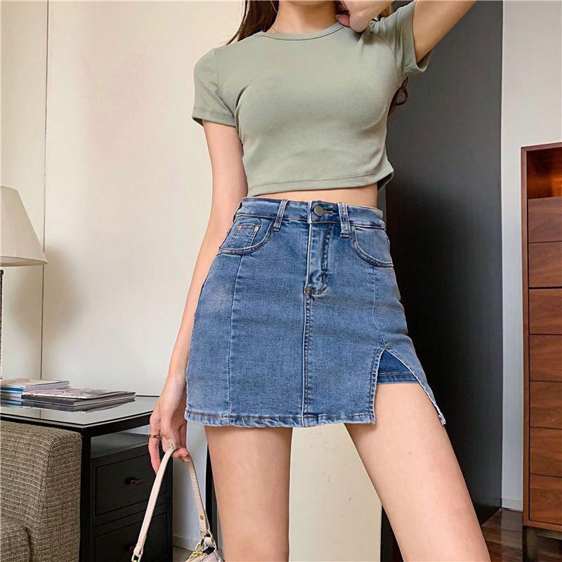 Youthful and Slimming Half-body Skirt Elastic High-waisted A-line Short Skirt Pants Split Package Hip Black Skirt Ms. Summer Fashion Denim Short Skirt