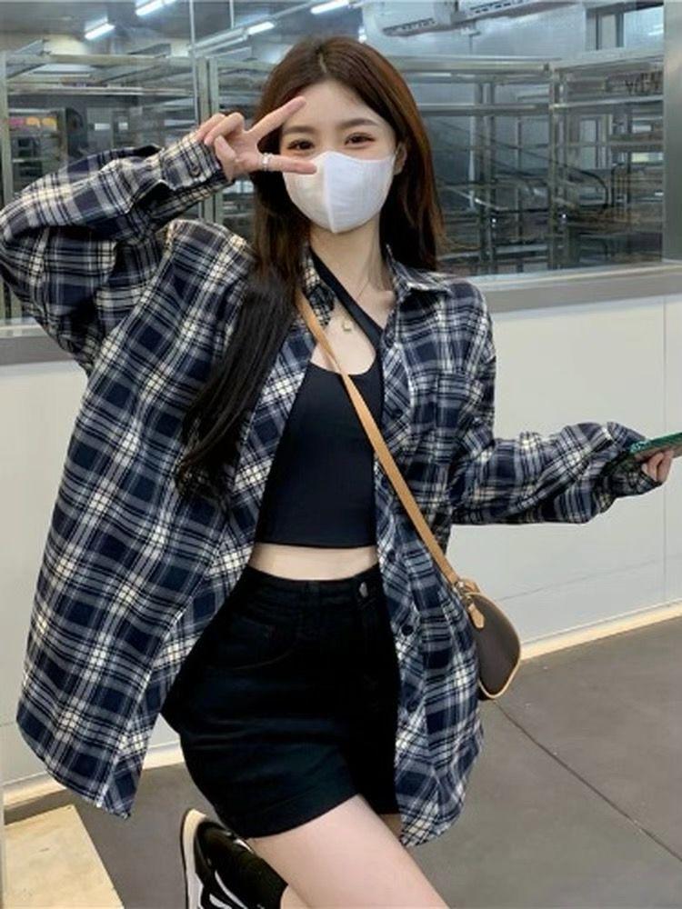 Women's Retro Plaid Shirt Cardigan – Loose Fit, Long Sleeve, All-Season Wear