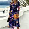 Women's Stylish Halloween Print Long Sleeve V-Neck Casual Dress with Pockets