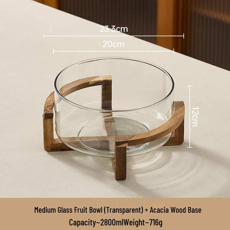 Glass Fruit and Salad Bowl with Acacia Wood Stand Medium with Acacia Wood Stand