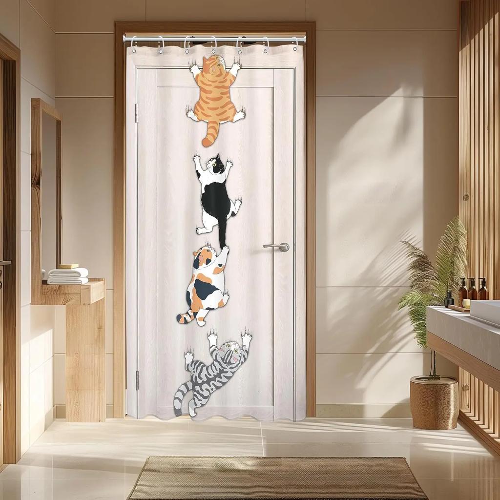Zasłona Prysznicowa dla Kota Dzieci Śmieszny Słodki Uroczy Kreskówkowy Kociak Zwierzę Domowe Wspinające się na Drzwi Urzekający Nowoczesny 12 Haczyków Poliester