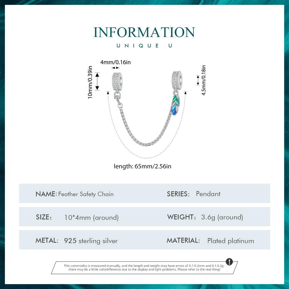 BAMOER 925 Sterling Silver Blue Emalia Feather Łańcuch Bezpieczeństwa nadające się do Charms Bransoletka i Bransoletka Klip Charms DIY Biżuterii
