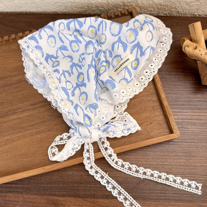 

Французский ретро-атмосфера, синий кружевной цветочный крючок, треугольный шарф, пасторальный ветер, женский платок для путешествий, милая сестра синий