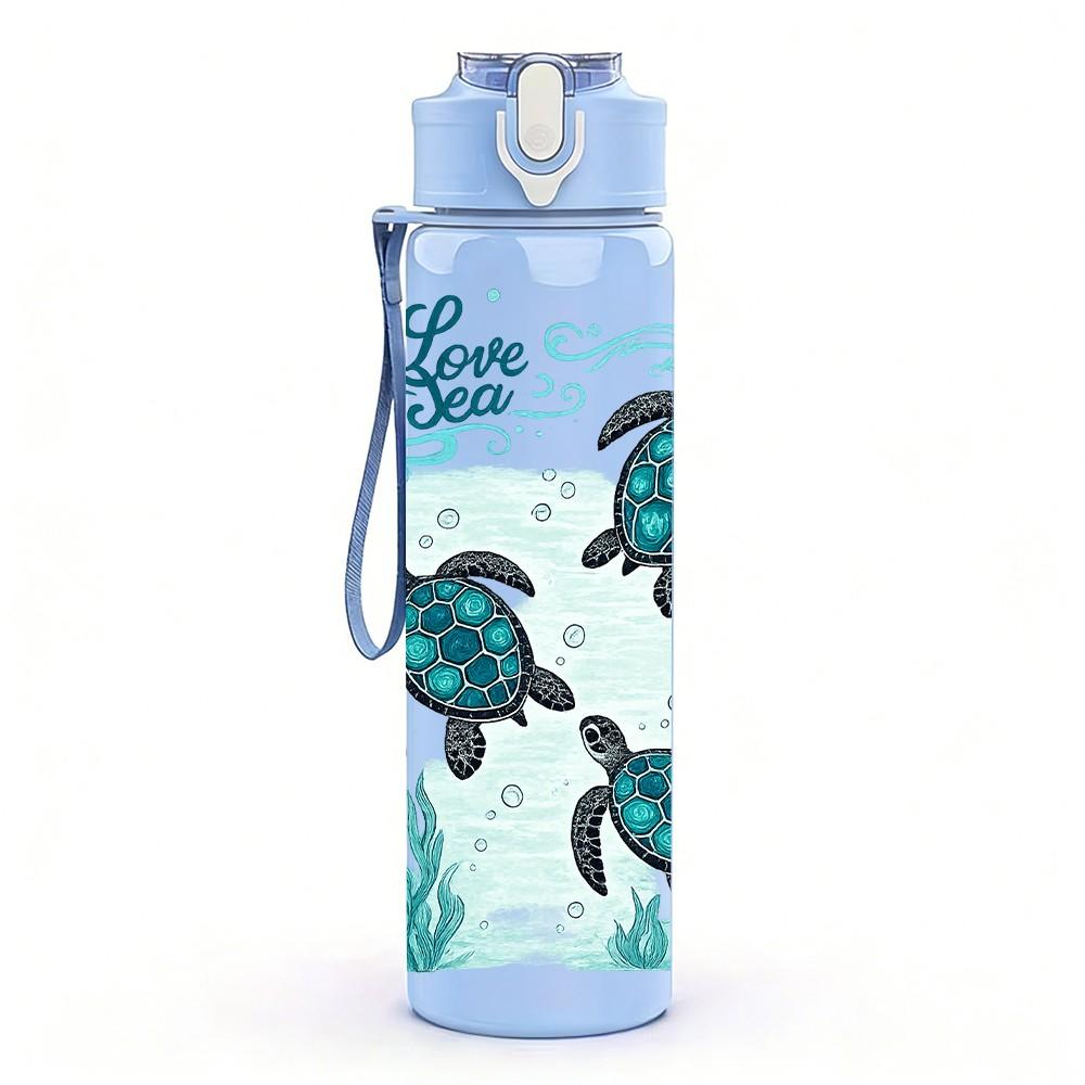 1PC Multiple Sea Turtles Ocean Print 750ml Color Plastic Sports Water Bottle Leakproof Flip Straw Lid Suitable for Sports Office Home Use