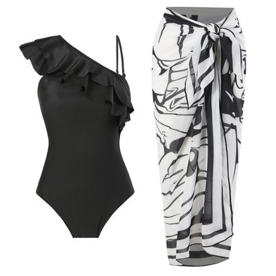 Nieuw Sexy Eendelig Tweedelig Badpak Dames Eénschouder Chiffon Print Rok Badpak Set