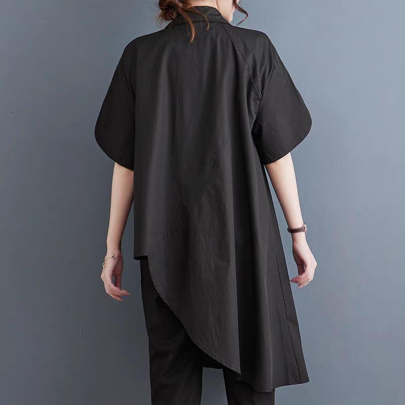 Summer Harajuku Y2K Irregular Long Shirt Women Solid Color Buttons Cotton Blouse Female Short Sleeve Top