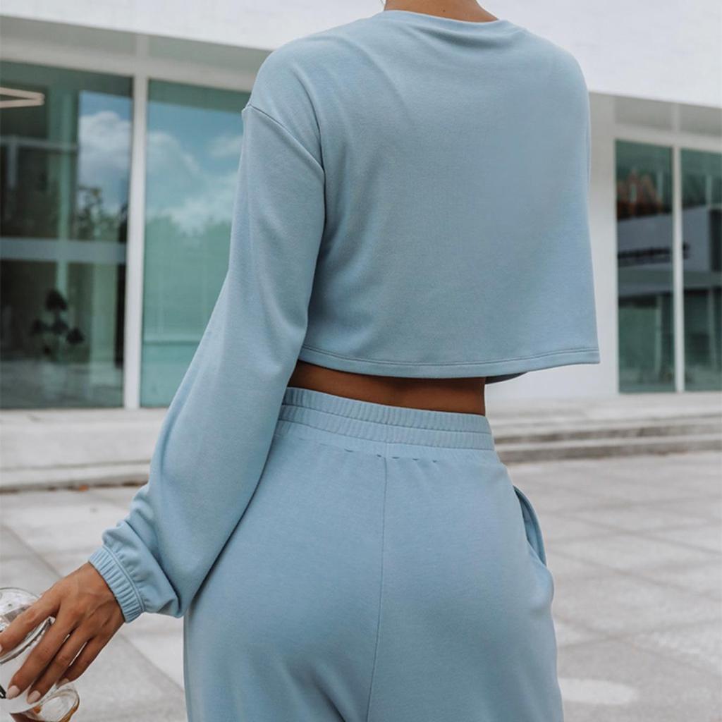 Women Solid Color Long Sleeve O Neck Hoodies Suit Autumn Winter Loose Top Wide Leg Pants