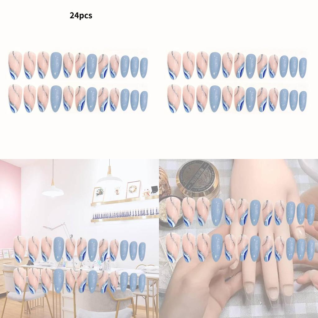 Almond-shaped Simple Wave Blue White French Spring And Summer New Product Fresh And Pure Wearable Nail Art Piece W12