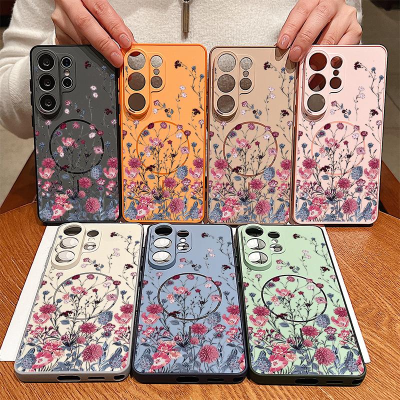 Retro Hot Pink Flower Pattern Case For Samsung Galaxy S26 Ultra S25 Edge S24 Plus S23 FE S22 A54 A55 A56 5G Magnetic For Magsafe Matte Cover