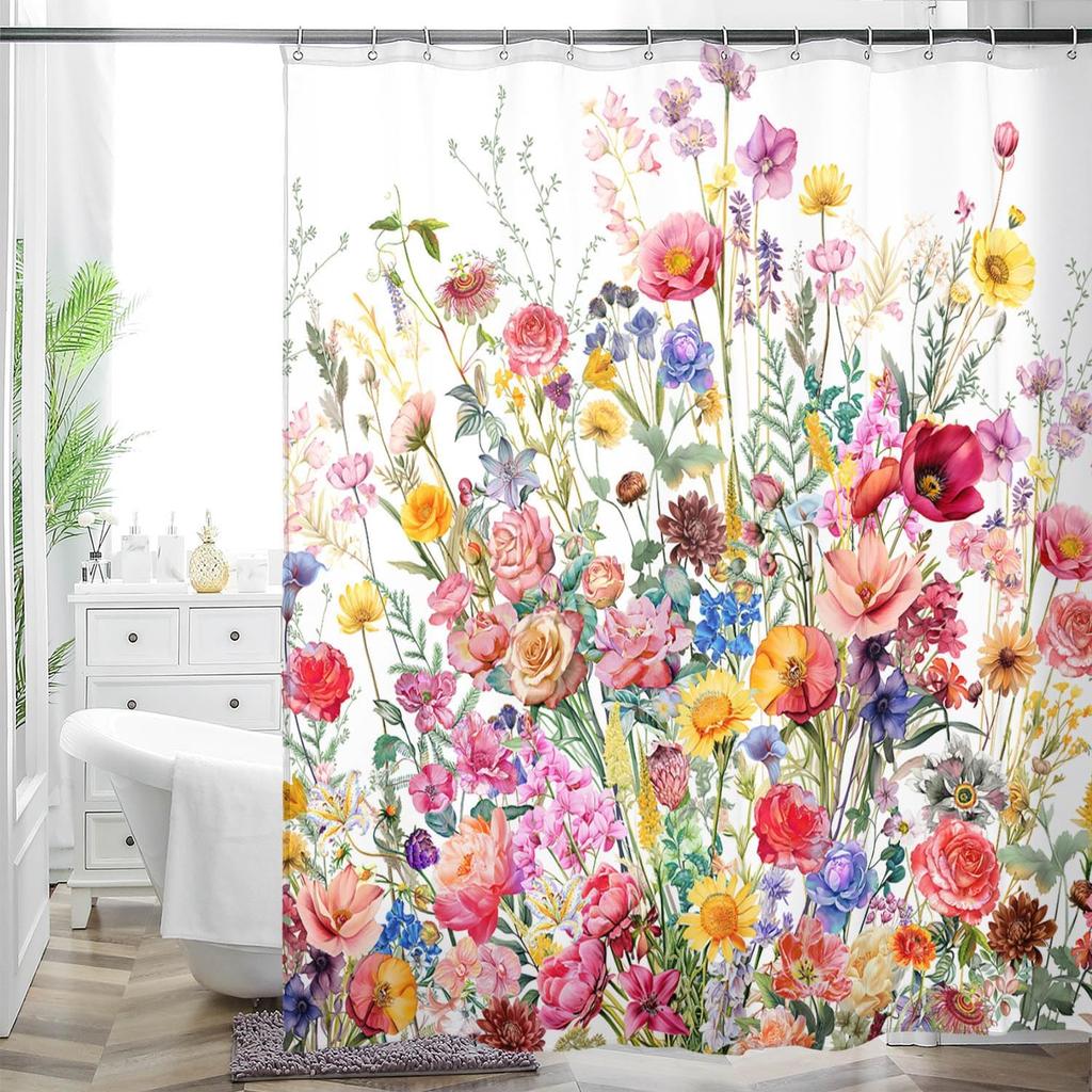 Cottage Floral Shower Curtain - Pink/Lavender Butterfly Design, Waterproof Washable Fabric, with Hooks, Modern Farmhouse Decor