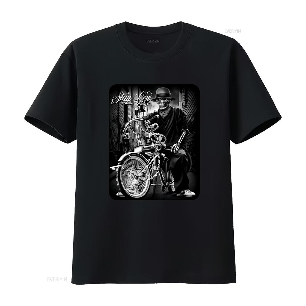 Stay Low Lowrider Bike T Shirt Chicano Clothing Unique Skull Design High Quality Print Perfect for Streetwear Enthusiasts