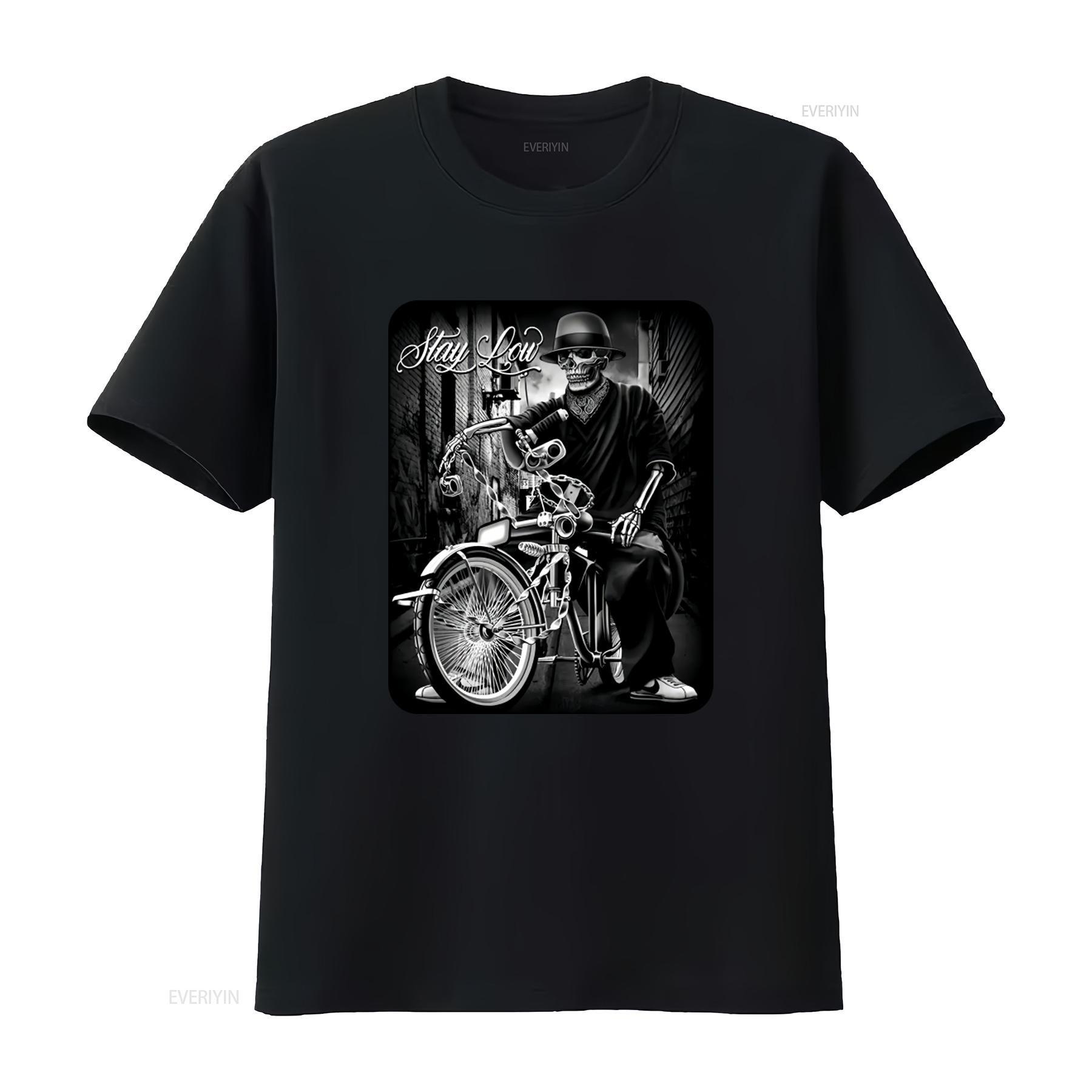 

Stay Low Lowrider Bike T Shirt Chicano Clothing Unique Skull Design High Quality Print Perfect for Streetwear Enthusiasts 4XL