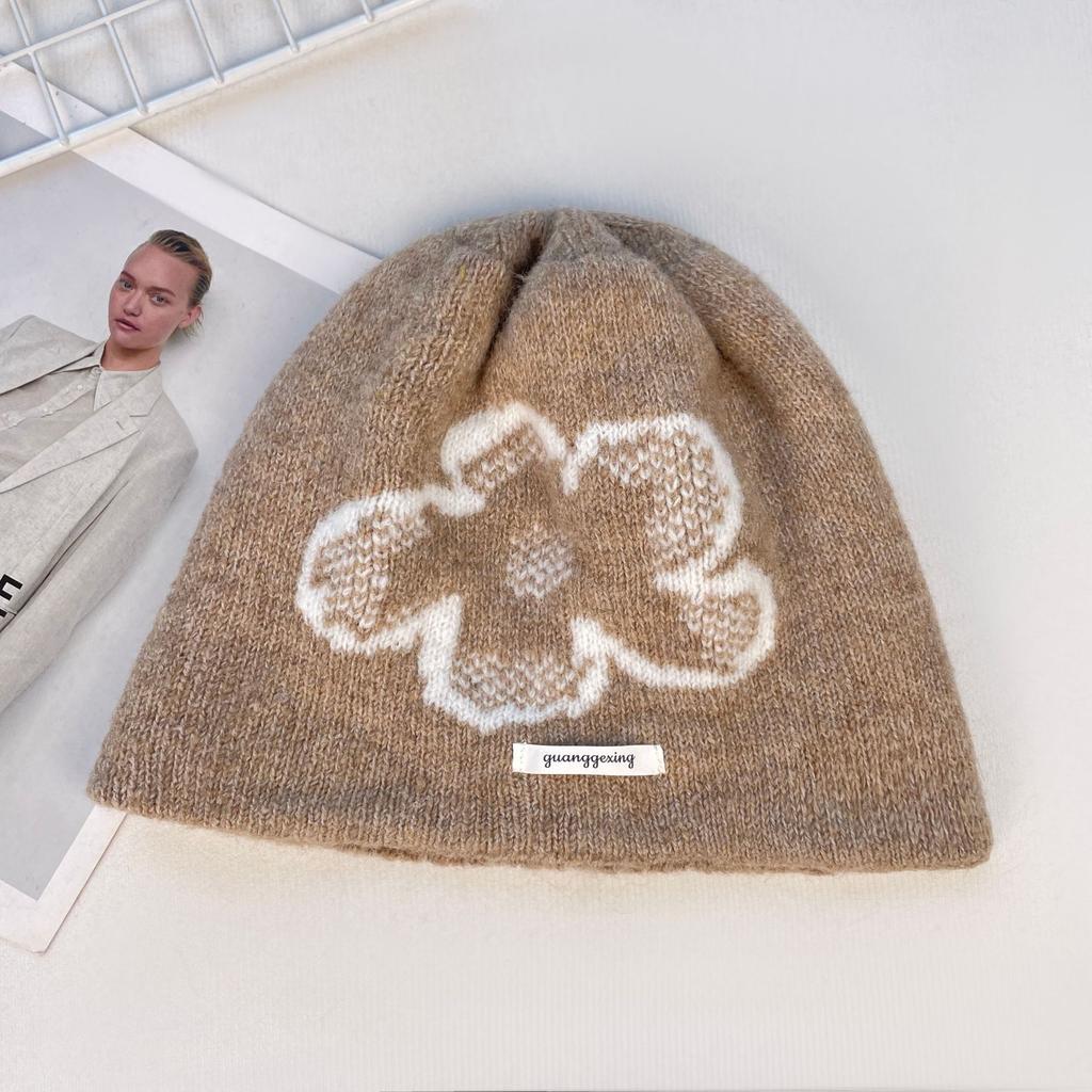 Spring and Autumn Warm Ear Protection Flower Big Head Circumference Knitted Wool Pile Hat Woman