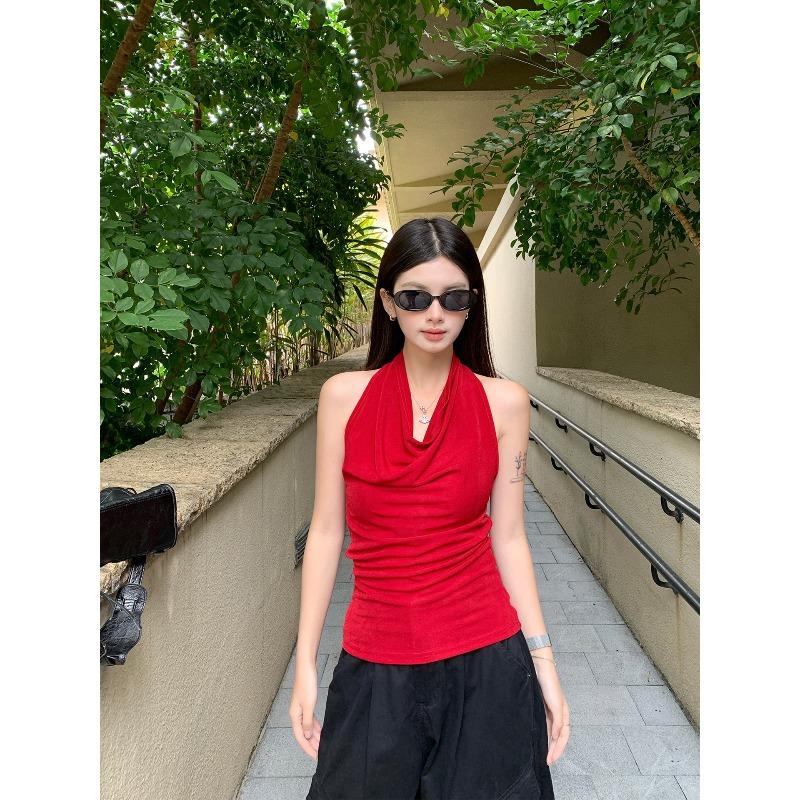 Women Summer Cool Feeling Lyocell Cowl Neck Cami Tank Top Solid Color Fashion Sleeveless Designer Style Casual Top