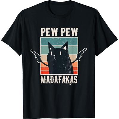 Figurliches Pew Pew Madafakas Shirt Schwarze Katze Pew Retro T-Shirt Lustiges Grafik-T-Shirt Neuheit Tee