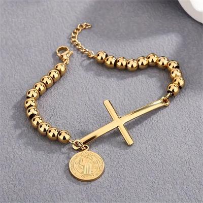 Stainless Steel Round Bead String Bracelet with Cross Pendant and Chain Necklace for Both Men and Women