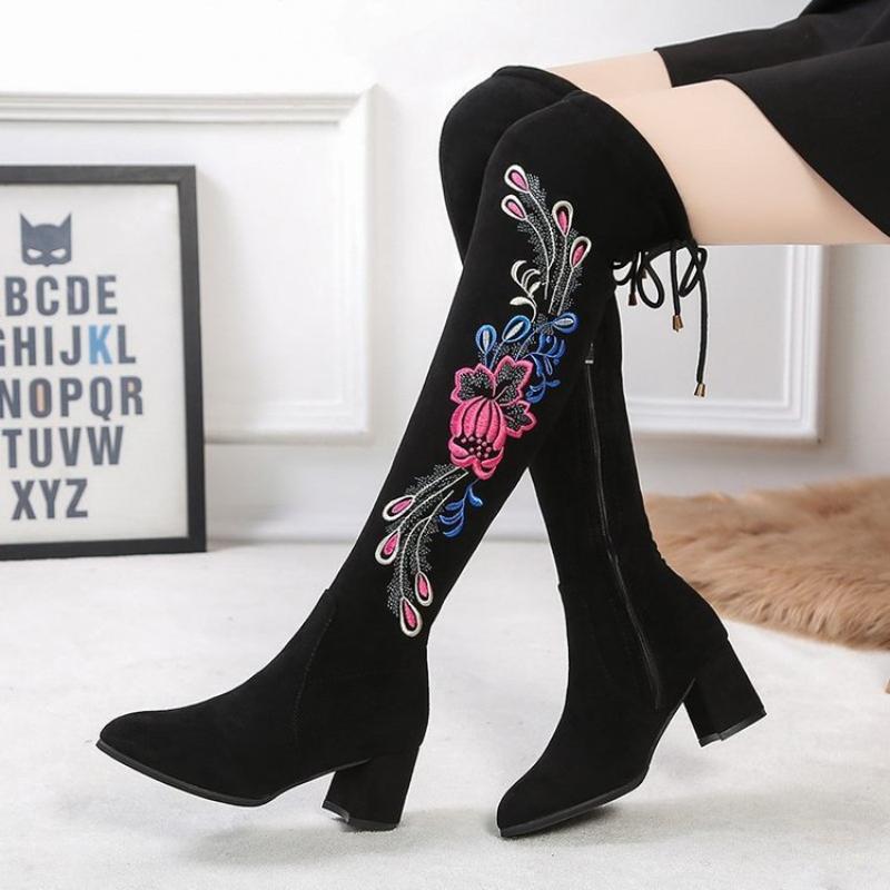 Damen Stiefeletten mit Stickerei, Herbst, neue High Heels, Schlupfschuhe, spitze Zehenpartie, lange Damenstiefel mit elastischem Overknee-Absatz