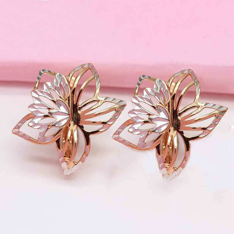 585 Violettgold 14K Roségold filigran ausgearbeitete Zweiblüten-Ohrringe für Damen romantischer leichter Luxus Verlobungsschmuck