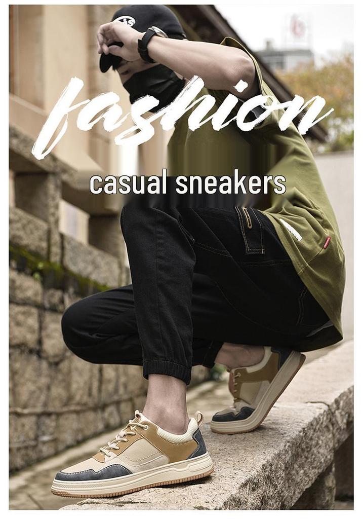 2032 Men's Handmade Flat Sole Cowhide Fashion Sneakers - Low-Top, Color Block, Large Size, Casual Spring/Autumn Trend