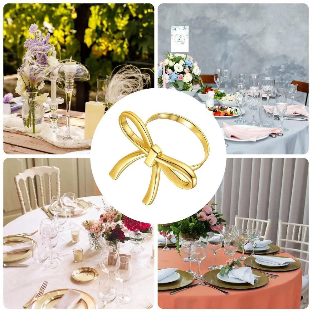 6 pcs Decorative Bow Napkin Ring Gold / Silver Serviette Ring Napkin Buckle For Table Dining Decor