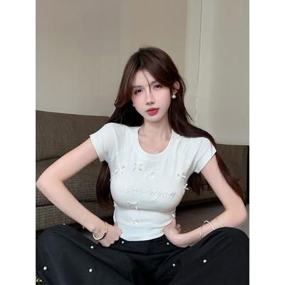 Summer Embroidery Age Reduction Short Sleeve Front Shoulder T-Shirt Short Top