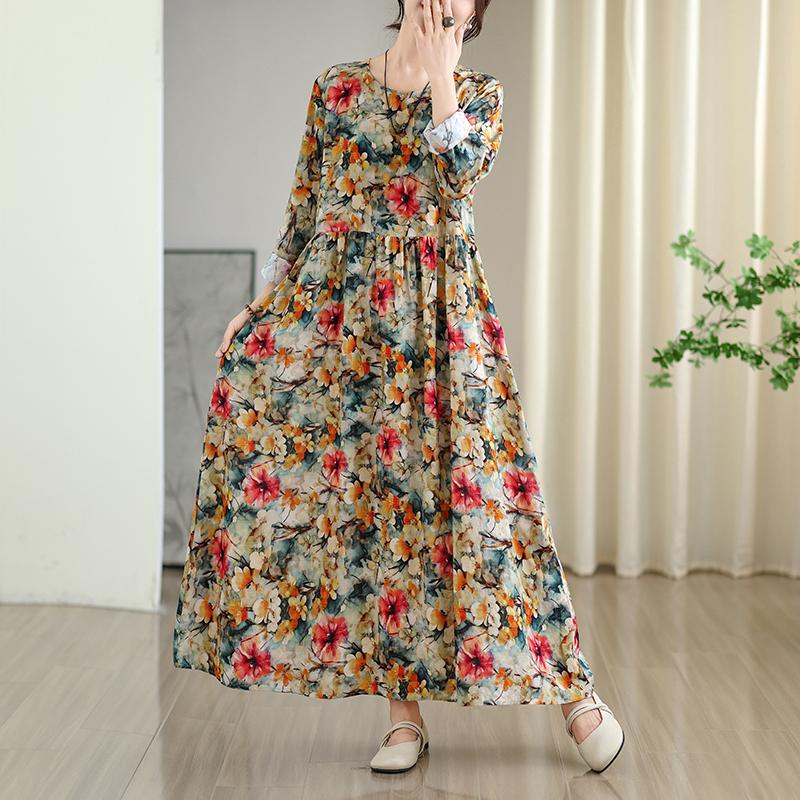 Dimanaf New 2025 Women Plus Size Spring Long Dress Loose Basic Vintage Oversize Long Sleeve Maxi Floral