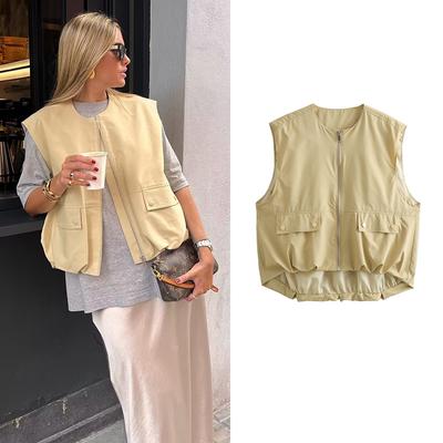 Women's Cropped Waistcoat Fashion O Neck  Zipper Vest Women Sleeveless Loose Vests Coats Female Chic Tops