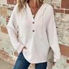 Women's Spring Autumn New Knit Drawstring Button V - Neck Long - Sleeve Pullover Hoodie Casual Sweatshirt