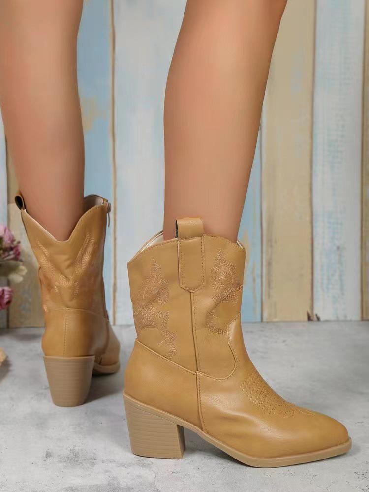 Women's Large Size Leather Pointed Thick Heel Boots - 2024 Autumn/Winter, Soft Sole, Lightweight & Comfortable