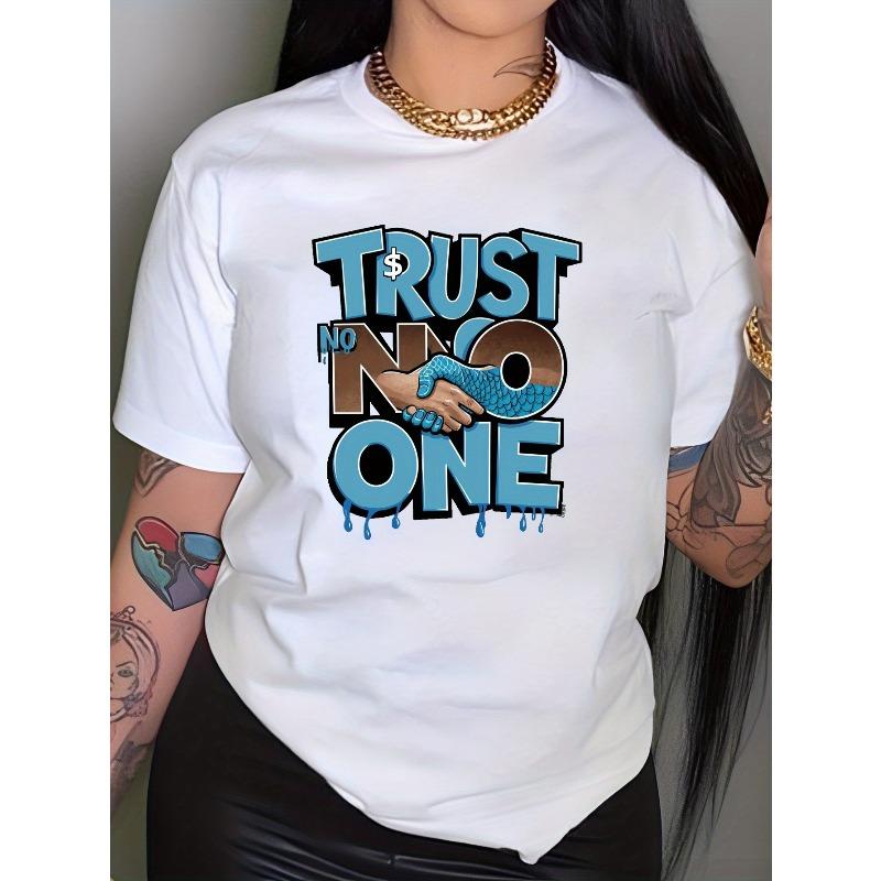 Graphic T-Shirt for Women Featuring The Phrase Trust No One with Striking Blue And Brown DDT Effect Lettering S белый
