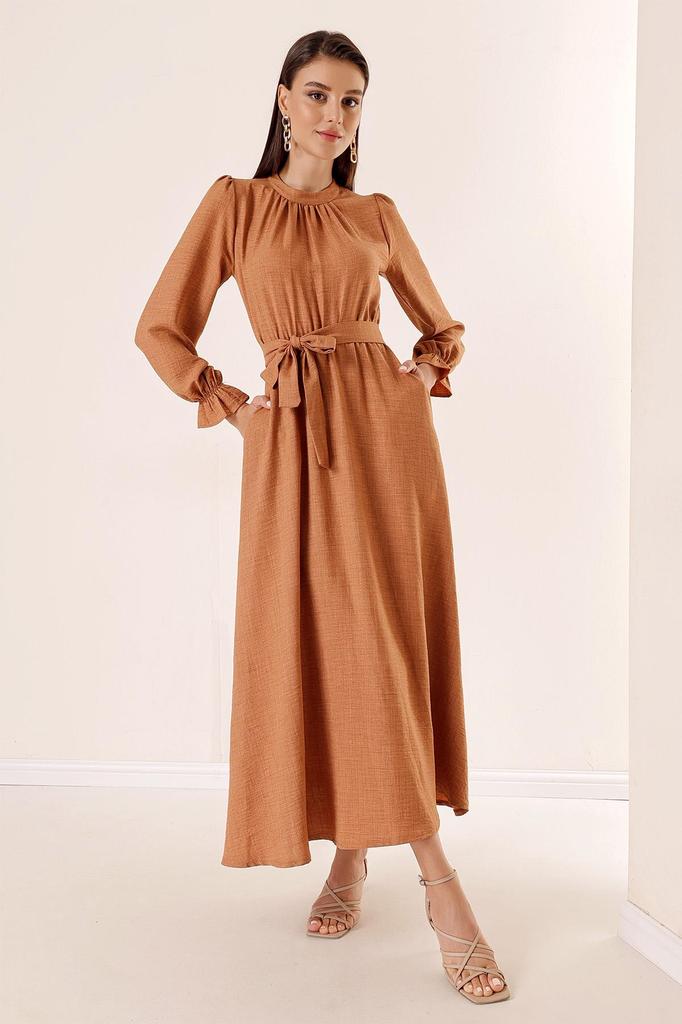 Linen Effect Long Dress with Belted Waist and Side Pockets