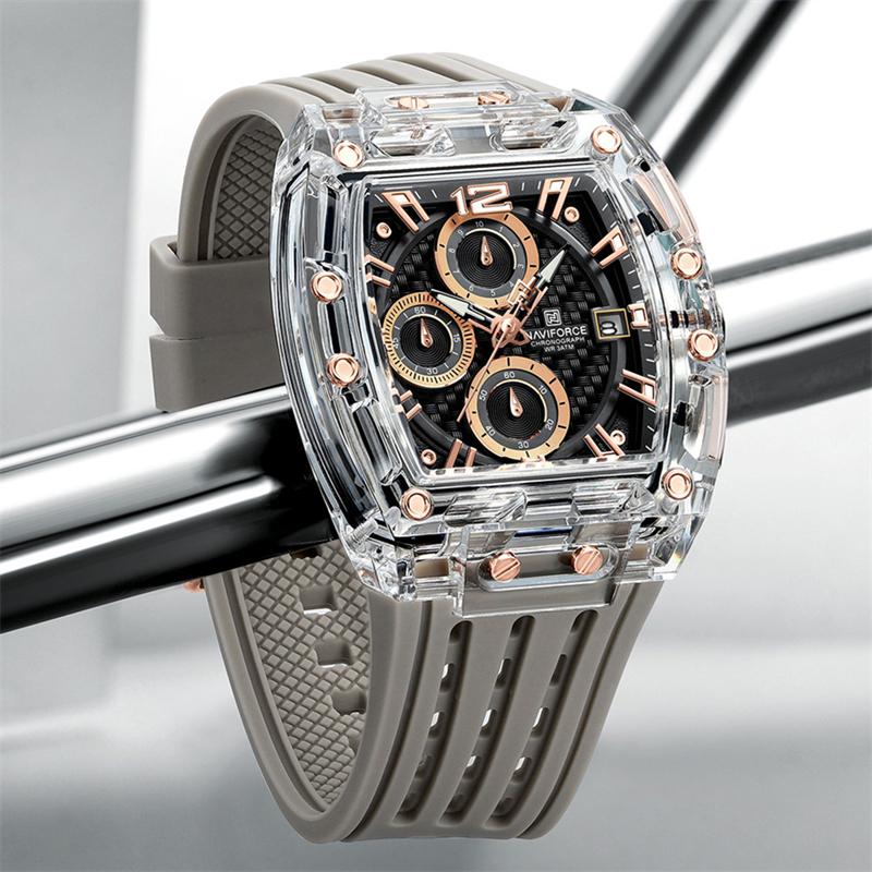 Naviforce 7105 Casual New Chronograph Mul-tifunction Watches Sports Silicone Man Transparent Case Wristwatch Relogio Masculino