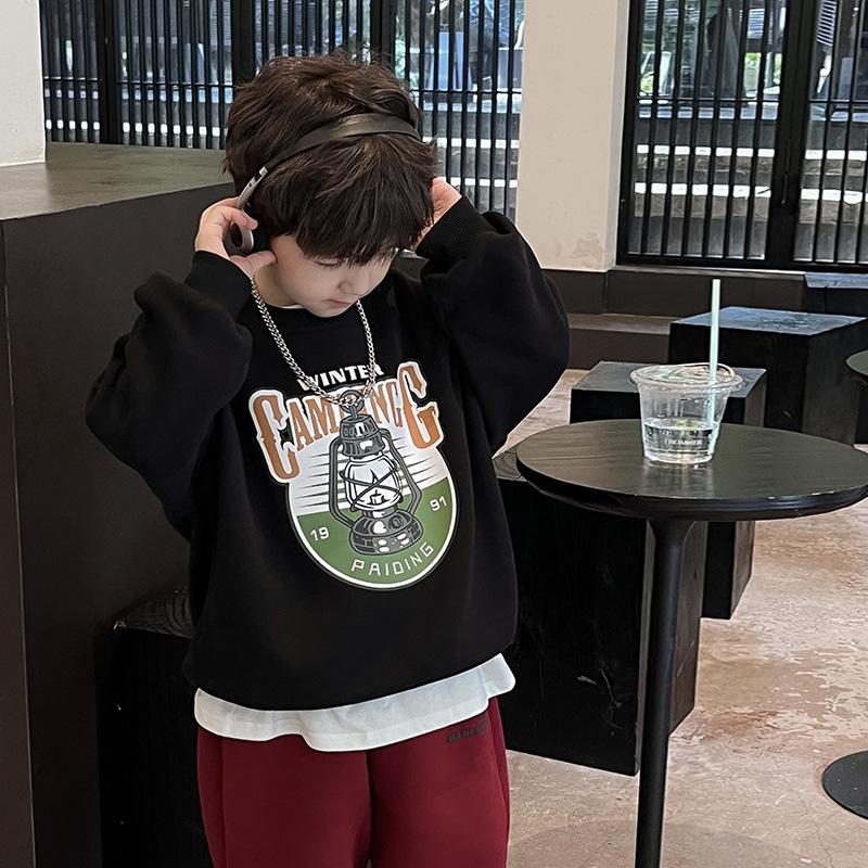 Spring Children's Sports and Leisure Hoodie, Cartoon Printed Single Piece Loose Round Neck Top for Big Boys