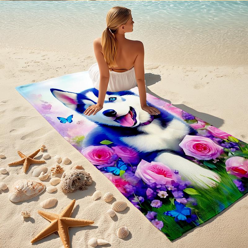1Pc Blue Husky Flowers Beach Towel Quick Dry Multiuse For Beach Pool Gym Yoga Home Travel Christmas Halloween Xmas Gift G138