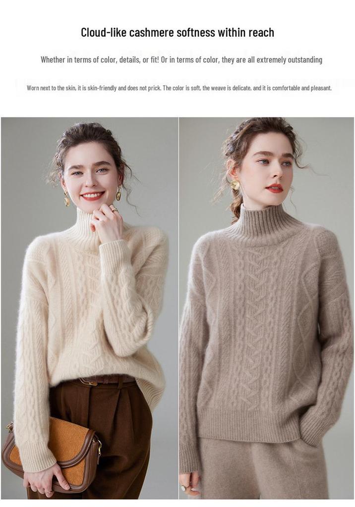 Heavyweight High-Neck Cashmere Sweater: Women's Retro Autumn/Winter Loose Cable Knit Base Layer