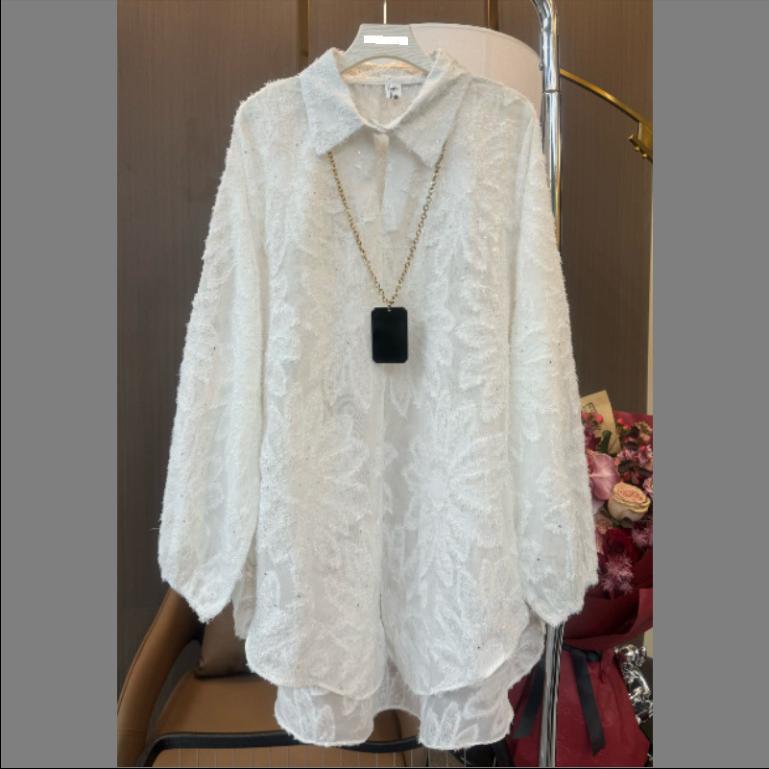 Spring and Summer Jacquard and Slim and Fashionable Mid-length Long-sleeved Shirt Button Cardigan Loose and Elegant Top