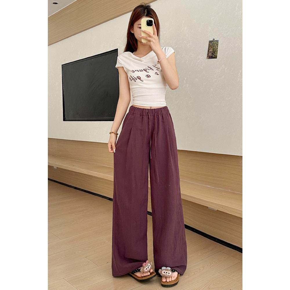 Women's High Rise Drawstring Loose Linen Wide Leg Pants Lightweight Casual Straight Trousers Solid Breathable Bottoms For Summer
