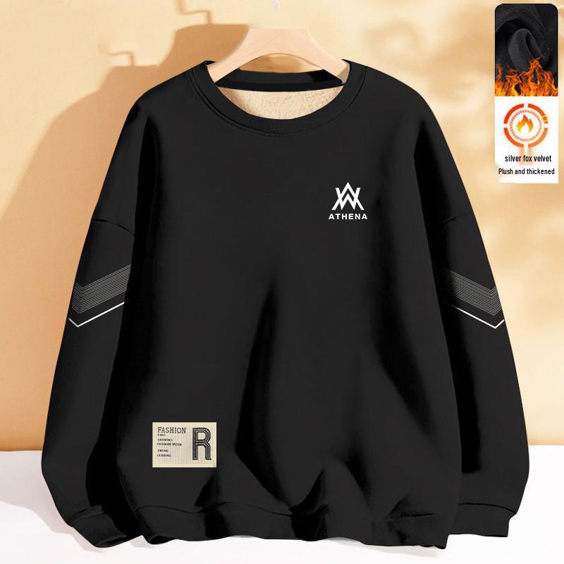 Men's Versatile Long Sleeve Pullover: Round Neck, Loose Fit, Plus Velvet, No Hood, Autumn/Winter Youth Jacket.