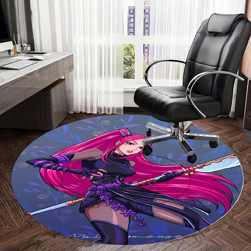 1pc Pink-haired warrior with swords and mystical . Round carpet, Made of Polyester,Perfect for Decorating Office Chairs, Living Rooms fplt168