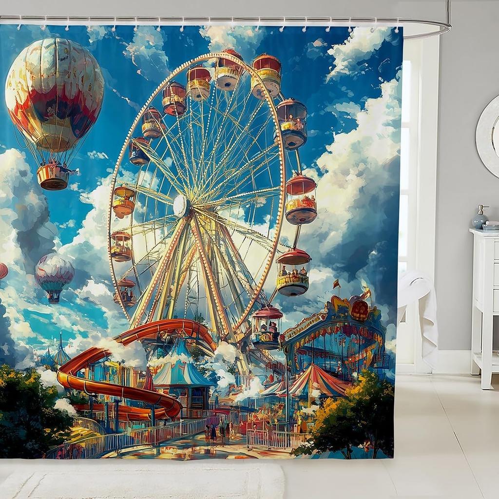Cartoon Circus Bathroom Curtains Happy Holiday Shower Curtain Sets for Kids Boys Girls Funny Ferris Wheel Shower Curtain Funny