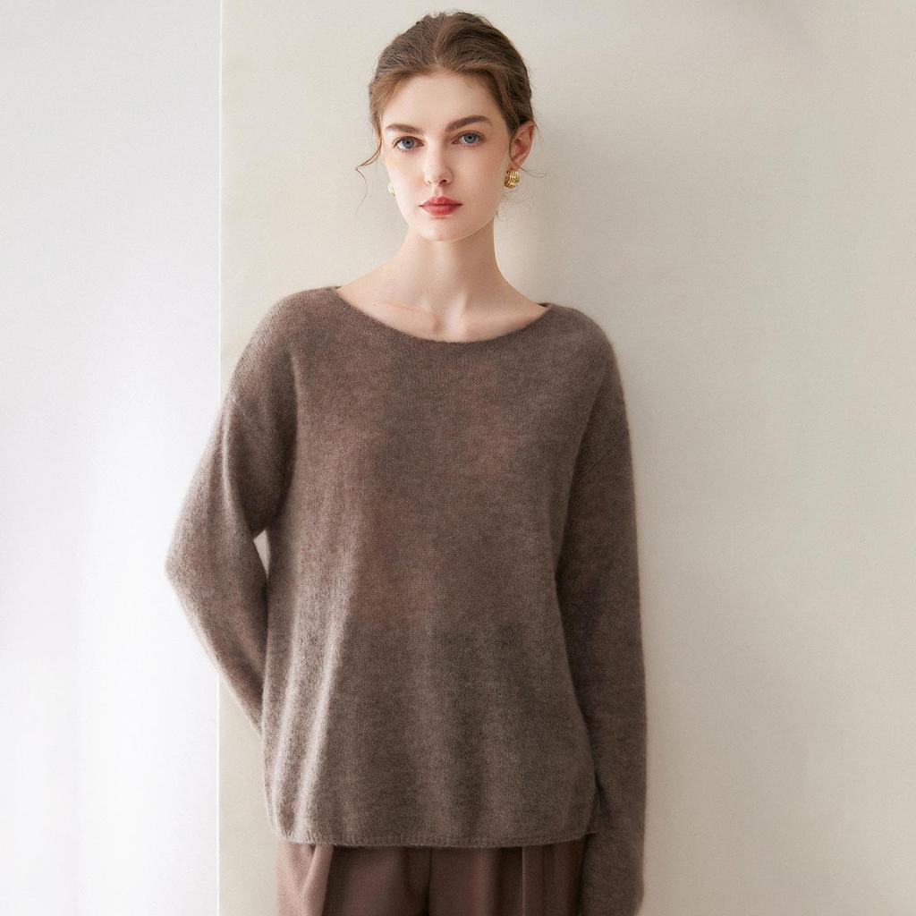 Women's Velvet Pullover Sweater - 75% Cashmere, 25% Mulberry Silk, One-Shoulder, Drop Shoulder, Long Sleeve Knit Base Layer.