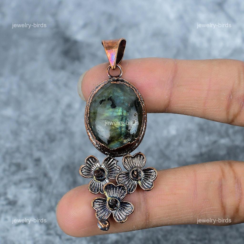 Round Labradorite Stone Copper Unique Anniversary Wedding Electroformed Pendant VP-16