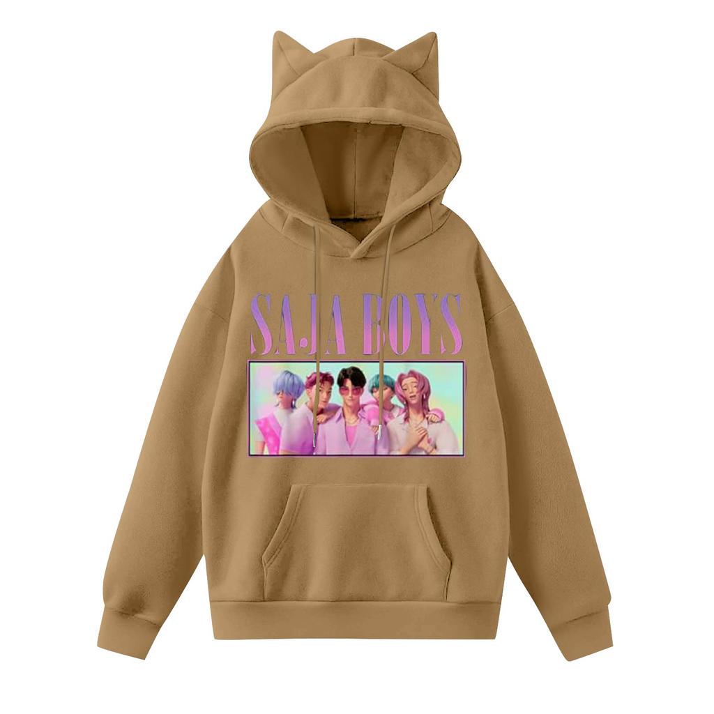 Damemote Casual Langermet trykt Rundhals hettegenser Pullover Topp med lommer