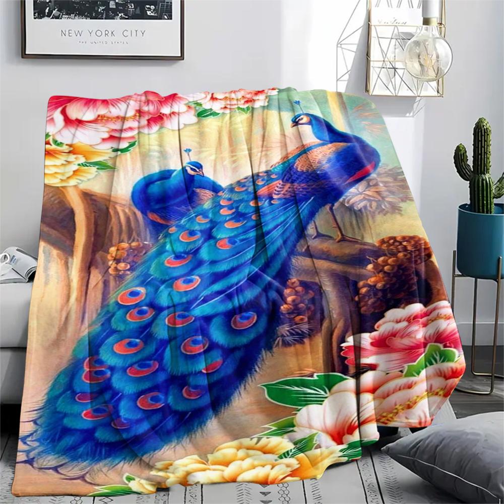 1Pc Peacock Oil Painting Print Flannel Blanket, High Quality Comfortable for All Seasons, Home Decor, Warmth and Comfort, Perfect for Christmas Gifts