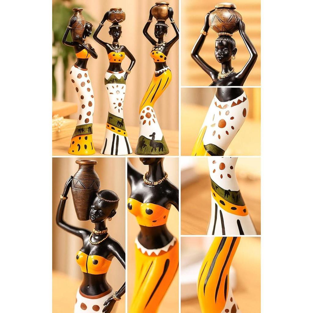 Beautiful Finish Uniquely Hand Crafted Home Dcor African Tribal Women Art Piece - (Set of 3, Multicolour), Resin