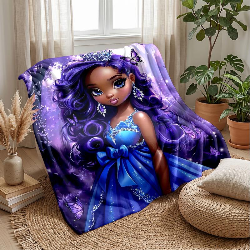 Purple Hair Princess in Blue Gown Theme blanket Lightweight Warm Flannel Blanket Decorative Throw Blanket for Home Decoration