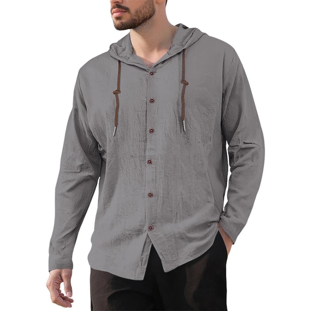 Men's Casual Cotton-Linen Blend Hooded Button-Down Shirt